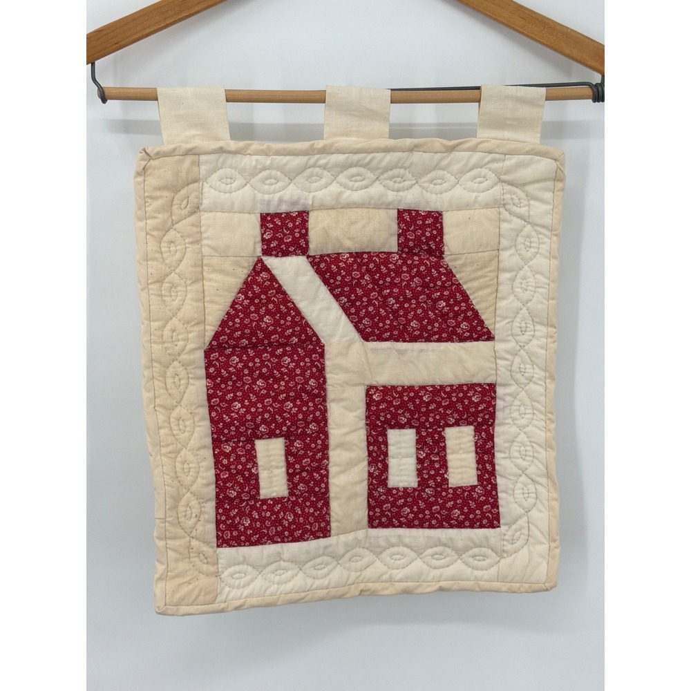 Vintage Handmade Quilted Wall Hanging Red Cream Schoolhouse Cottage Farmhouse